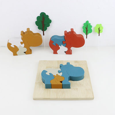 Silicone and wooden jigsaw puzzle standing animal hippo puzzle kid toys for child playing