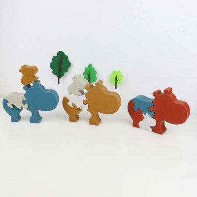 Silicone and wooden jigsaw puzzle standing animal hippo puzzle kid toys for child playing
