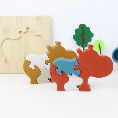 Silicone and wooden jigsaw puzzle standing animal hippo puzzle kid toys for child playing