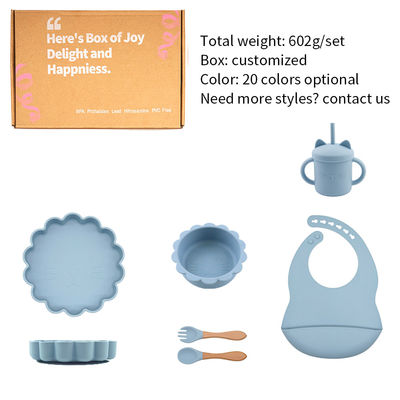 Modern Style Silicone Dinnerware Set , BPA Free Baby Silicone Plate bowl cup bib spoon fork feeding Set