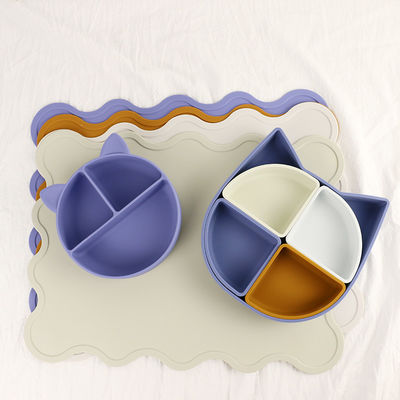 Cat Shape Silicone Tableware Set , Silicone Divided Cat Plate Cat shape spoon  Non Toxic BPA Free