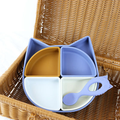 Cat Shape Silicone Tableware Set , Silicone Divided Cat Plate Cat shape spoon  Non Toxic BPA Free