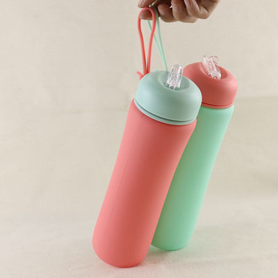 Pink Green Reusable Silicone Water Bottle For Outdoor Sports Travel OEM