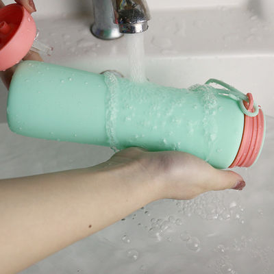 Pink Green Reusable Silicone Water Bottle For Outdoor Sports Travel OEM