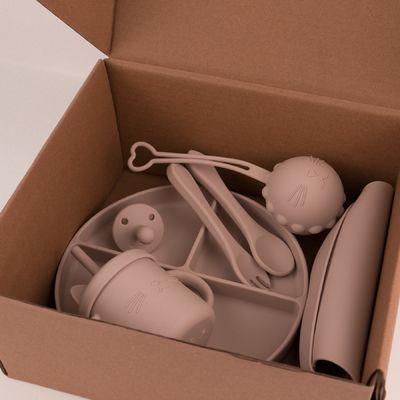 Custom box package for kids toddler Silicone Tableware Set With Cup Plate Bowl Spoon Fork Bib