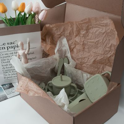 Custom box package for kids toddler Silicone Tableware Set With Cup Plate Bowl Spoon Fork Bib