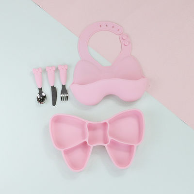 Baby Geschirr Weaning Silicone Tableware Set Bib Plate Stainless Steel Spoon Knife Fork
