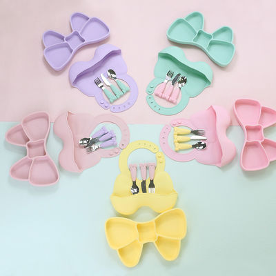 Baby Geschirr Weaning Silicone Tableware Set Bib Plate Stainless Steel Spoon Knife Fork