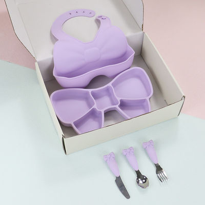 Baby Geschirr Weaning Silicone Tableware Set Bib Plate Stainless Steel Spoon Knife Fork