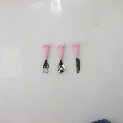 Bow Know Stainless Steel Baby Spoon Silicone Handle Fork Knife Feeding Set