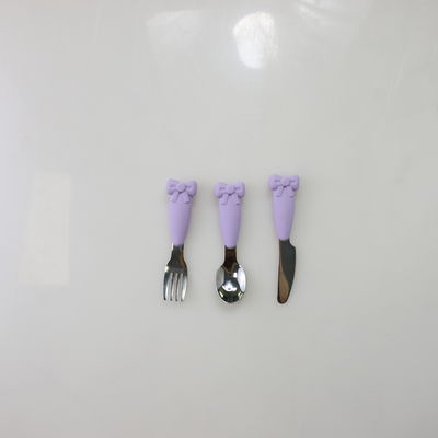 Bow Know Stainless Steel Baby Spoon Silicone Handle Fork Knife Feeding Set