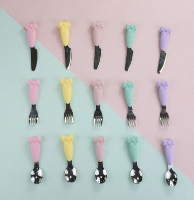Bow Know Stainless Steel Baby Spoon Silicone Handle Fork Knife Feeding Set
