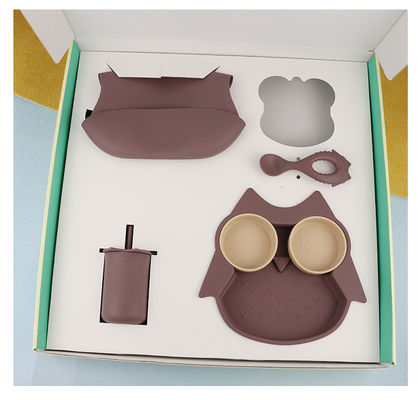 Durably Soft Silicone Tableware Set Owl Plate Bowl Spoon Sippy Cup Bib