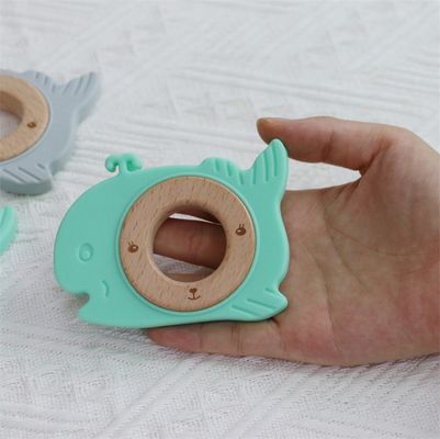 Multifunctional Silicone Baby Teether With Attachable Teething Wooden Ring Animal Pattern