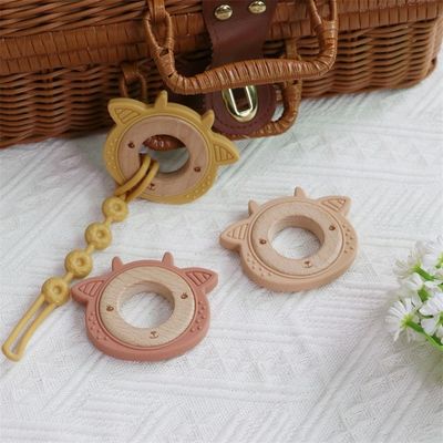 Multifunctional Silicone Baby Teether With Attachable Teething Wooden Ring Animal Pattern