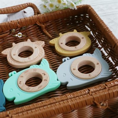 BPA Free Silicone Baby Teether With Wooden Ring Teething Relief For Babies Durable