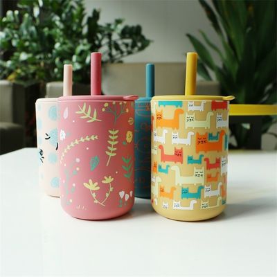 Silicone Drinking Cup With Straw For Baby Training BPA Free Food Grade Silicone Printed Sippy Cup