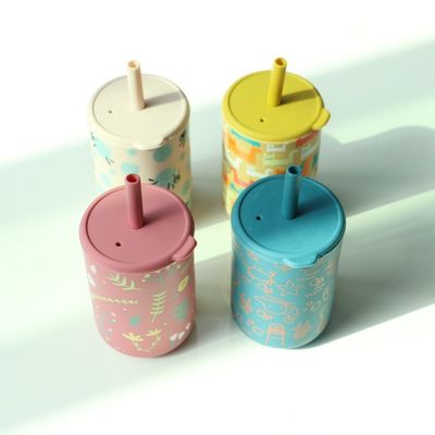 Silicone Drinking Cup With Straw For Baby Training BPA Free Food Grade Silicone Printed Sippy Cup